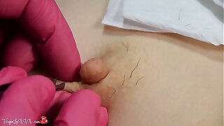 Man Beautician Plucks Prickle on Nipples of Girl on Depilation and Massaging Tits In Red Latex Gloves